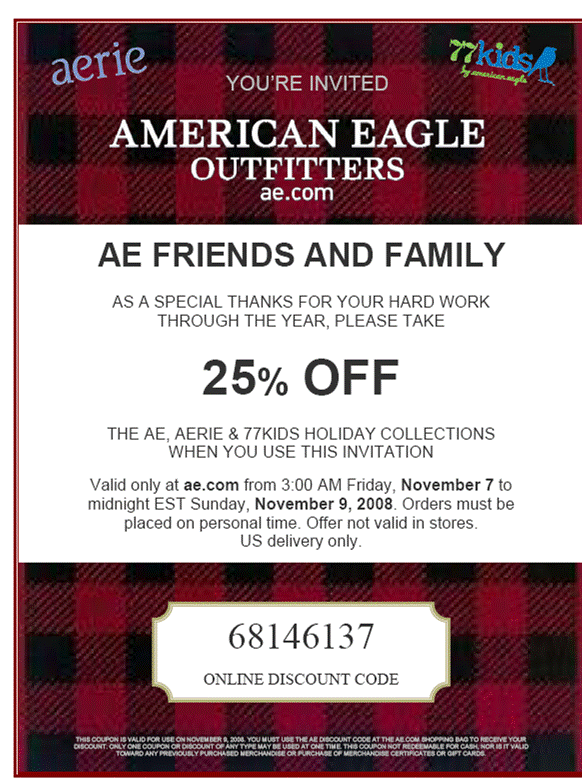 American Eagle Friends  Family (ONLINE ONLY)-PROMO CODE 68146137